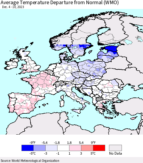 Europe Average Temperature Departure from Normal (WMO) Thematic Map For 12/4/2023 - 12/10/2023