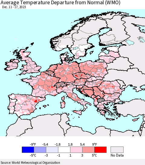 Europe Average Temperature Departure from Normal (WMO) Thematic Map For 12/11/2023 - 12/17/2023