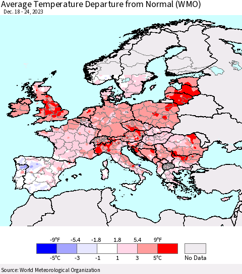 Europe Average Temperature Departure from Normal (WMO) Thematic Map For 12/18/2023 - 12/24/2023
