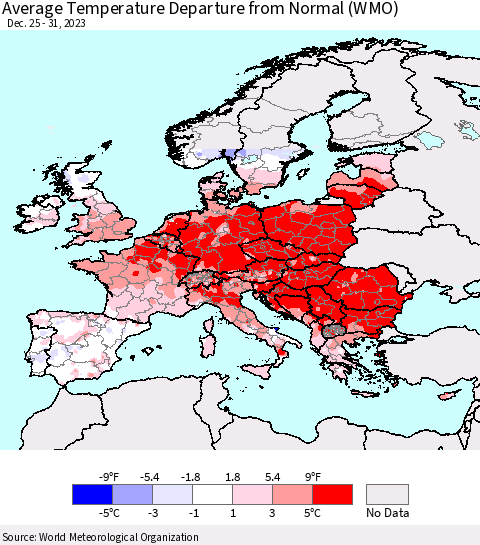 Europe Average Temperature Departure from Normal (WMO) Thematic Map For 12/25/2023 - 12/31/2023
