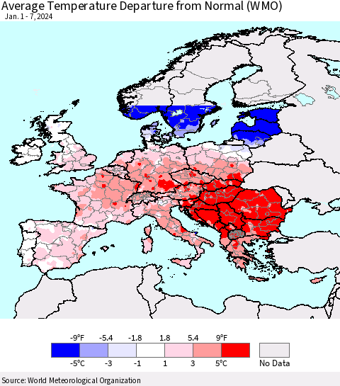 Europe Average Temperature Departure from Normal (WMO) Thematic Map For 1/1/2024 - 1/7/2024