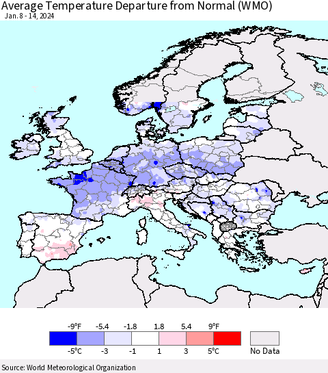 Europe Average Temperature Departure from Normal (WMO) Thematic Map For 1/8/2024 - 1/14/2024