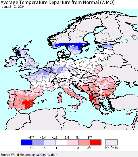 Europe Average Temperature Departure from Normal (WMO) Thematic Map For 1/15/2024 - 1/21/2024