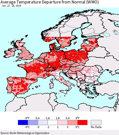 Europe Average Temperature Departure from Normal (WMO) Thematic Map For 1/22/2024 - 1/28/2024