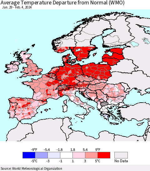 Europe Average Temperature Departure from Normal (WMO) Thematic Map For 1/29/2024 - 2/4/2024