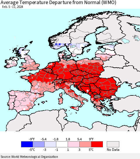 Europe Average Temperature Departure from Normal (WMO) Thematic Map For 2/5/2024 - 2/11/2024