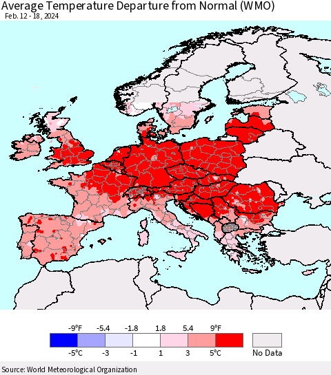 Europe Average Temperature Departure from Normal (WMO) Thematic Map For 2/12/2024 - 2/18/2024
