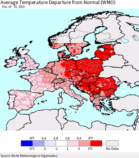 Europe Average Temperature Departure from Normal (WMO) Thematic Map For 2/19/2024 - 2/25/2024