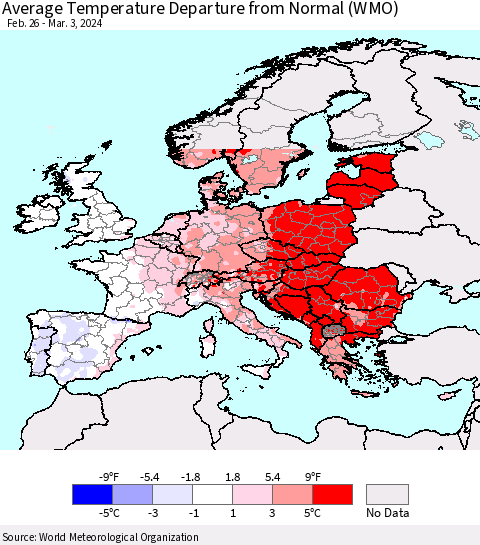 Europe Average Temperature Departure from Normal (WMO) Thematic Map For 2/26/2024 - 3/3/2024