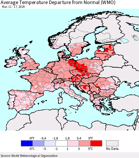 Europe Average Temperature Departure from Normal (WMO) Thematic Map For 3/11/2024 - 3/17/2024