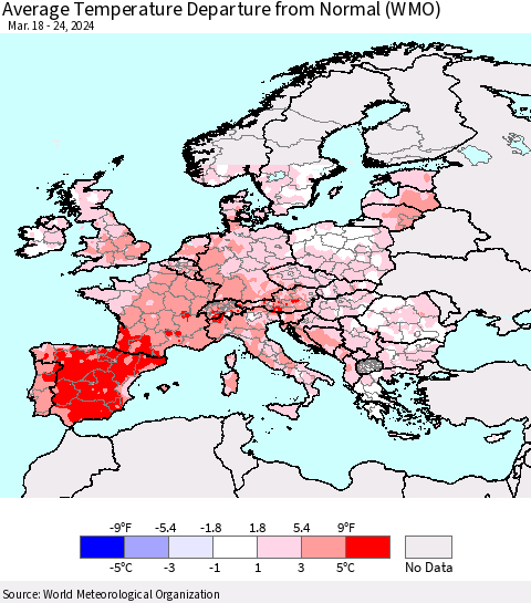 Europe Average Temperature Departure from Normal (WMO) Thematic Map For 3/18/2024 - 3/24/2024