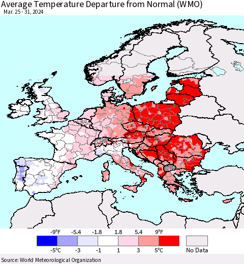 Europe Average Temperature Departure from Normal (WMO) Thematic Map For 3/25/2024 - 3/31/2024