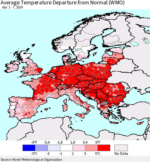 Europe Average Temperature Departure from Normal (WMO) Thematic Map For 4/1/2024 - 4/7/2024