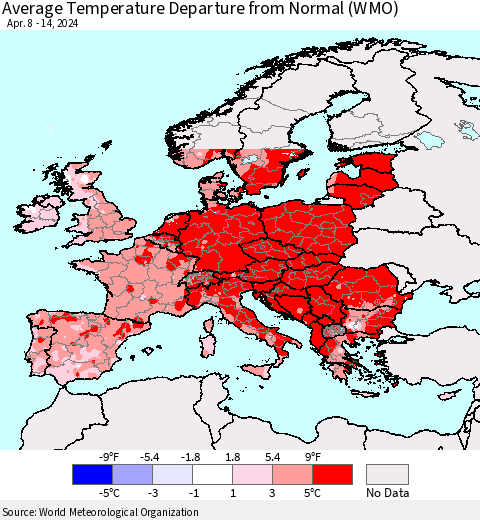 Europe Average Temperature Departure from Normal (WMO) Thematic Map For 4/8/2024 - 4/14/2024