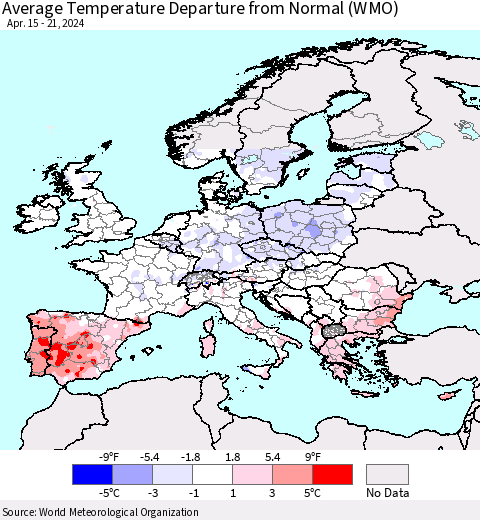 Europe Average Temperature Departure from Normal (WMO) Thematic Map For 4/15/2024 - 4/21/2024