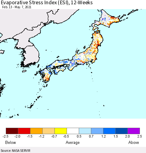 Japan Evaporative Stress Index (ESI), 12-Weeks Thematic Map For 5/3/2021 - 5/9/2021