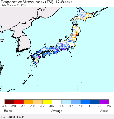 Japan Evaporative Stress Index (ESI), 12-Weeks Thematic Map For 5/17/2021 - 5/23/2021