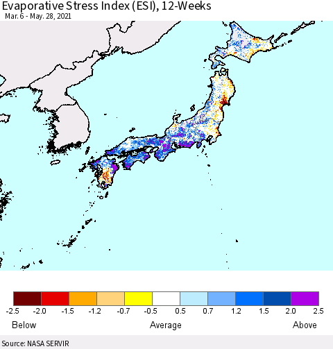 Japan Evaporative Stress Index (ESI), 12-Weeks Thematic Map For 5/24/2021 - 5/30/2021