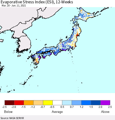 Japan Evaporative Stress Index (ESI), 12-Weeks Thematic Map For 6/7/2021 - 6/13/2021