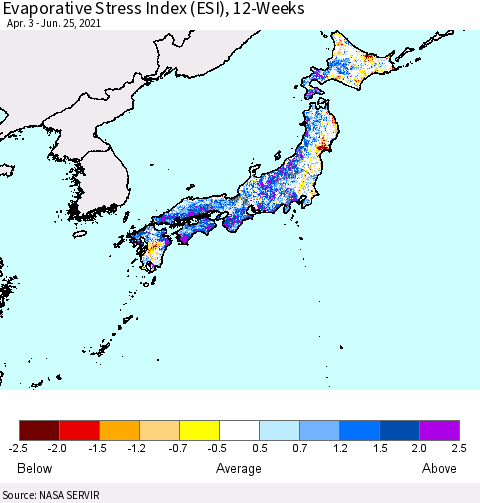 Japan Evaporative Stress Index (ESI), 12-Weeks Thematic Map For 6/21/2021 - 6/27/2021