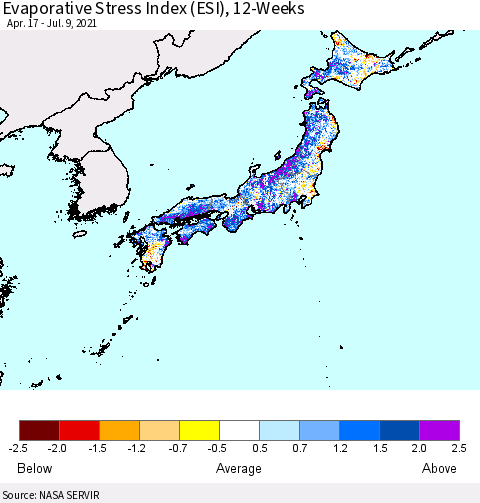 Japan Evaporative Stress Index (ESI), 12-Weeks Thematic Map For 7/5/2021 - 7/11/2021
