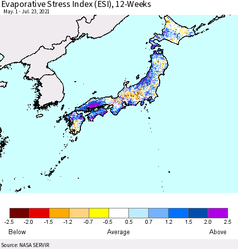 Japan Evaporative Stress Index (ESI), 12-Weeks Thematic Map For 7/19/2021 - 7/25/2021