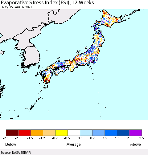 Japan Evaporative Stress Index (ESI), 12-Weeks Thematic Map For 8/2/2021 - 8/8/2021
