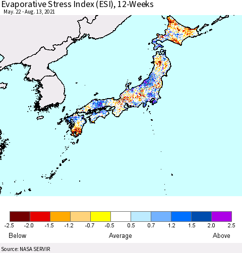 Japan Evaporative Stress Index (ESI), 12-Weeks Thematic Map For 8/9/2021 - 8/15/2021