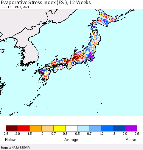 Japan Evaporative Stress Index (ESI), 12-Weeks Thematic Map For 10/4/2021 - 10/10/2021