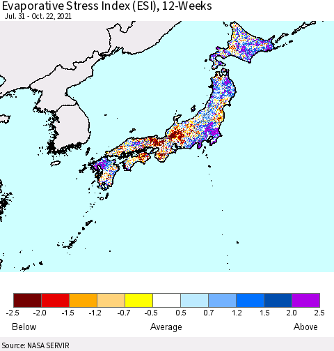 Japan Evaporative Stress Index (ESI), 12-Weeks Thematic Map For 10/18/2021 - 10/24/2021