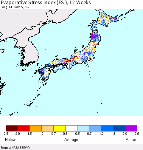 Japan Evaporative Stress Index (ESI), 12-Weeks Thematic Map For 11/1/2021 - 11/7/2021