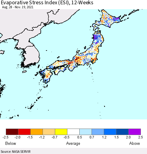 Japan Evaporative Stress Index (ESI), 12-Weeks Thematic Map For 11/15/2021 - 11/21/2021