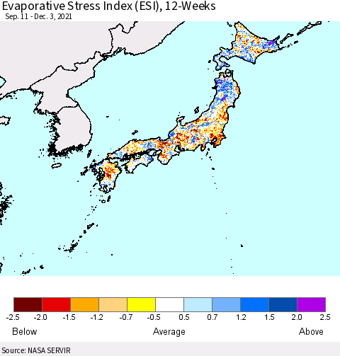 Japan Evaporative Stress Index (ESI), 12-Weeks Thematic Map For 11/29/2021 - 12/5/2021