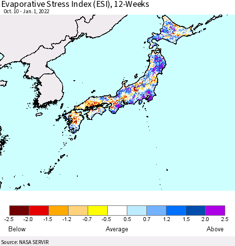 Japan Evaporative Stress Index (ESI), 12-Weeks Thematic Map For 12/27/2021 - 1/2/2022