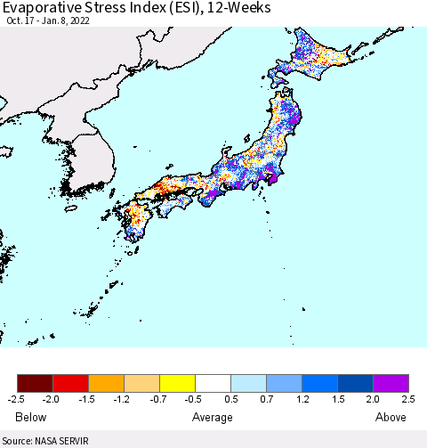 Japan Evaporative Stress Index (ESI), 12-Weeks Thematic Map For 1/3/2022 - 1/9/2022