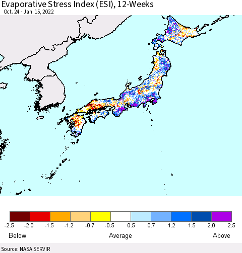 Japan Evaporative Stress Index (ESI), 12-Weeks Thematic Map For 1/10/2022 - 1/16/2022