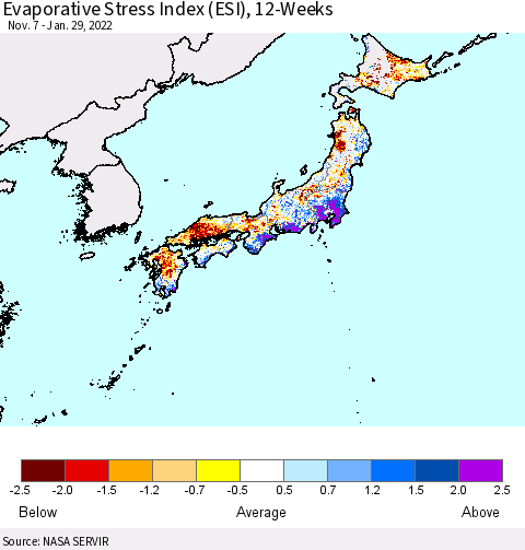 Japan Evaporative Stress Index (ESI), 12-Weeks Thematic Map For 1/24/2022 - 1/30/2022