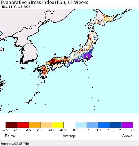 Japan Evaporative Stress Index (ESI), 12-Weeks Thematic Map For 1/31/2022 - 2/6/2022
