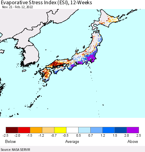 Japan Evaporative Stress Index (ESI), 12-Weeks Thematic Map For 2/7/2022 - 2/13/2022