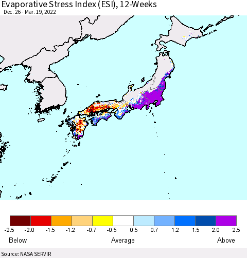 Japan Evaporative Stress Index (ESI), 12-Weeks Thematic Map For 3/14/2022 - 3/20/2022