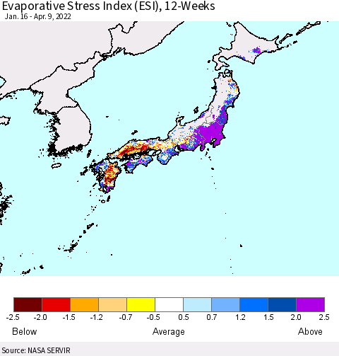 Japan Evaporative Stress Index (ESI), 12-Weeks Thematic Map For 4/4/2022 - 4/10/2022