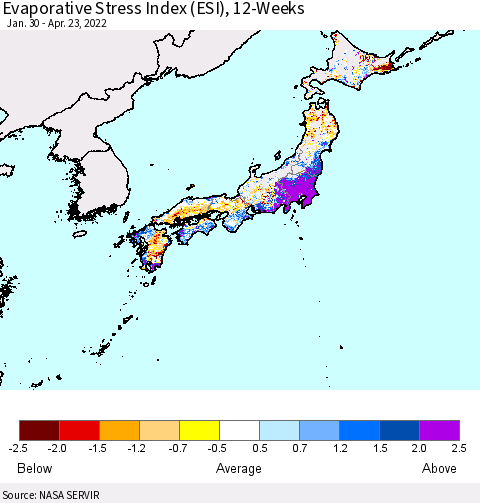 Japan Evaporative Stress Index (ESI), 12-Weeks Thematic Map For 4/18/2022 - 4/24/2022