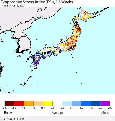 Japan Evaporative Stress Index (ESI), 12-Weeks Thematic Map For 5/29/2023 - 6/4/2023
