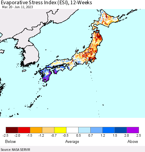 Japan Evaporative Stress Index (ESI), 12-Weeks Thematic Map For 6/5/2023 - 6/11/2023
