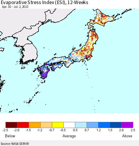 Japan Evaporative Stress Index (ESI), 12-Weeks Thematic Map For 6/26/2023 - 7/2/2023
