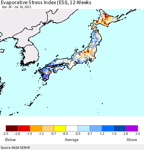 Japan Evaporative Stress Index (ESI), 12-Weeks Thematic Map For 7/10/2023 - 7/16/2023