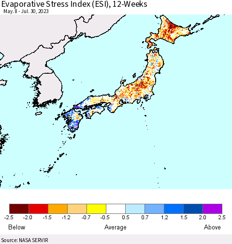 Japan Evaporative Stress Index (ESI), 12-Weeks Thematic Map For 7/24/2023 - 7/30/2023
