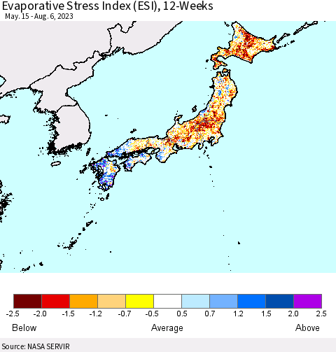Japan Evaporative Stress Index (ESI), 12-Weeks Thematic Map For 7/31/2023 - 8/6/2023