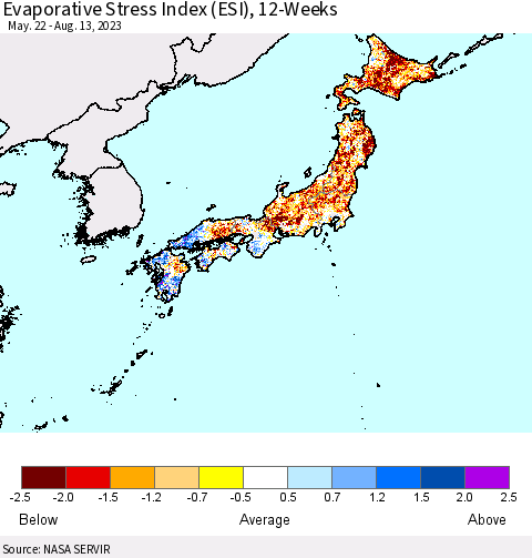 Japan Evaporative Stress Index (ESI), 12-Weeks Thematic Map For 8/7/2023 - 8/13/2023