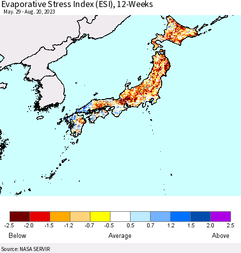 Japan Evaporative Stress Index (ESI), 12-Weeks Thematic Map For 8/14/2023 - 8/20/2023